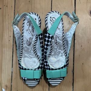 Poetic License Mint and Black Polka Dot Bow Slingback Wedges